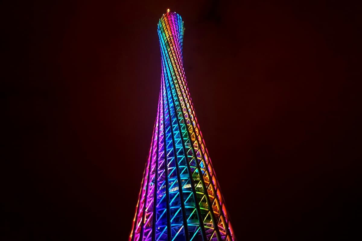 Canton Tower’s twisting lattice illuminated at night in Guangzhou