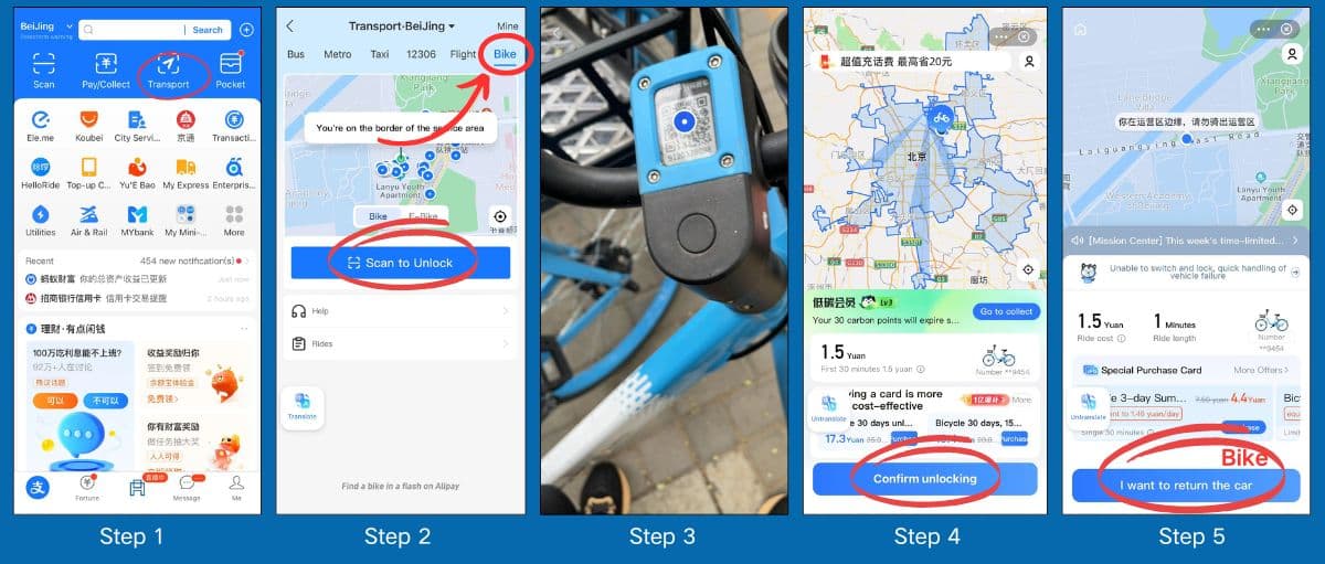 Five official reference panels show Alipay Transport, Bike scan, a Hello handlebar QR, confirm unlocking and the return button