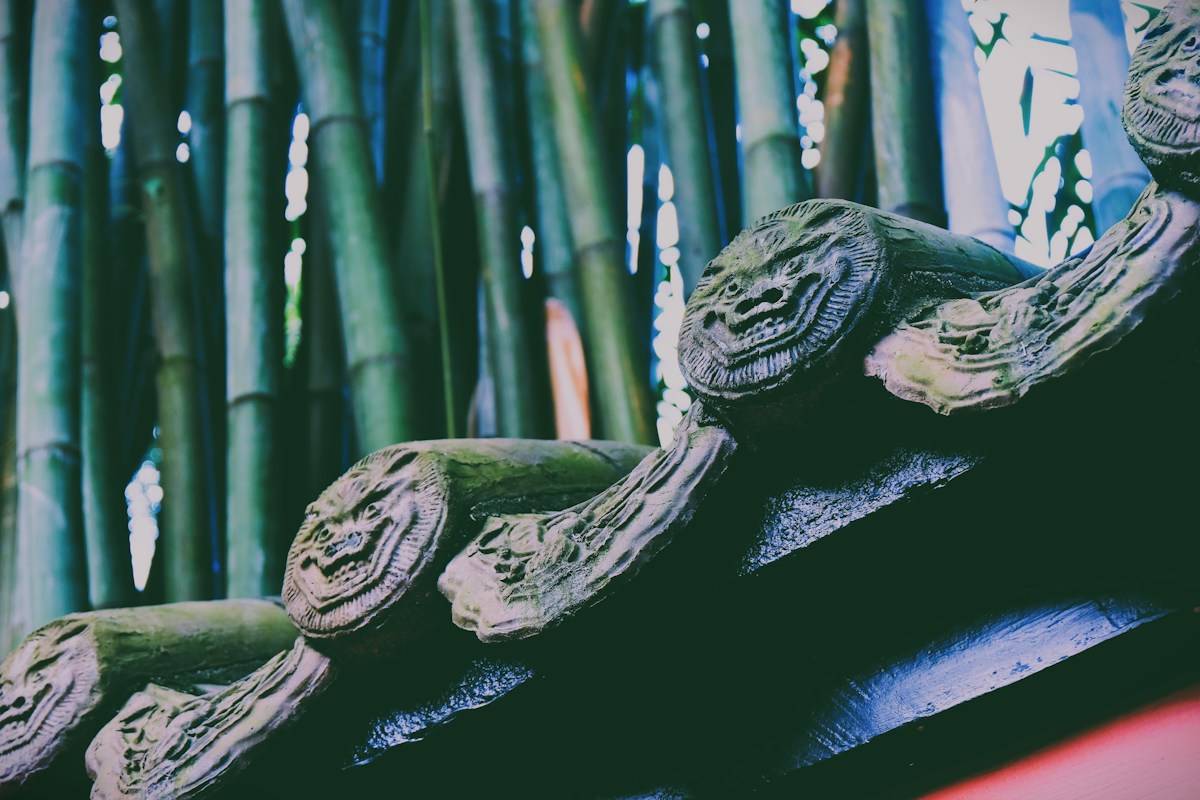 Traditional tiled wall and bamboo inside Chengdu’s Wuhou Shrine. This detail photo does not show the admission gate.