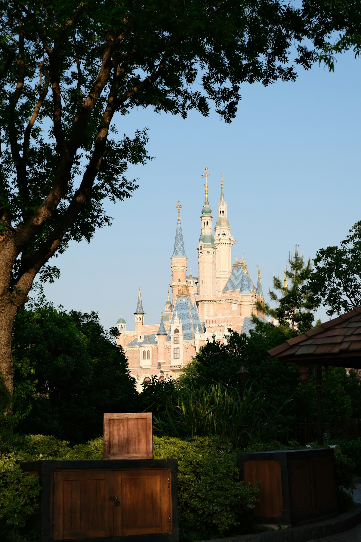 The Enchanted Storybook Castle in Shanghai Disneyland, seen through trees. This is not an entrance or queue-location photo.