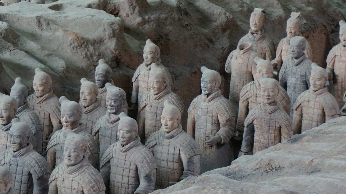 Excavated Terracotta Army figures at the Mausoleum Site Museum. This exhibit view is not the North Gate meeting point.