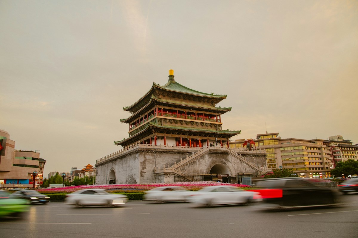 Xi’an’s Bell Tower above passing city traffic