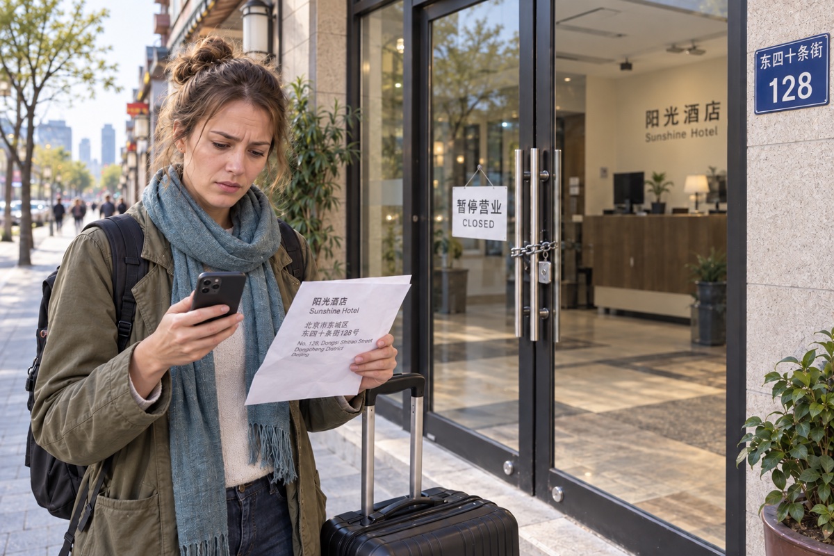 Illustrative scene: a traveler with luggage outside a closed hotel, unsure whom to contact