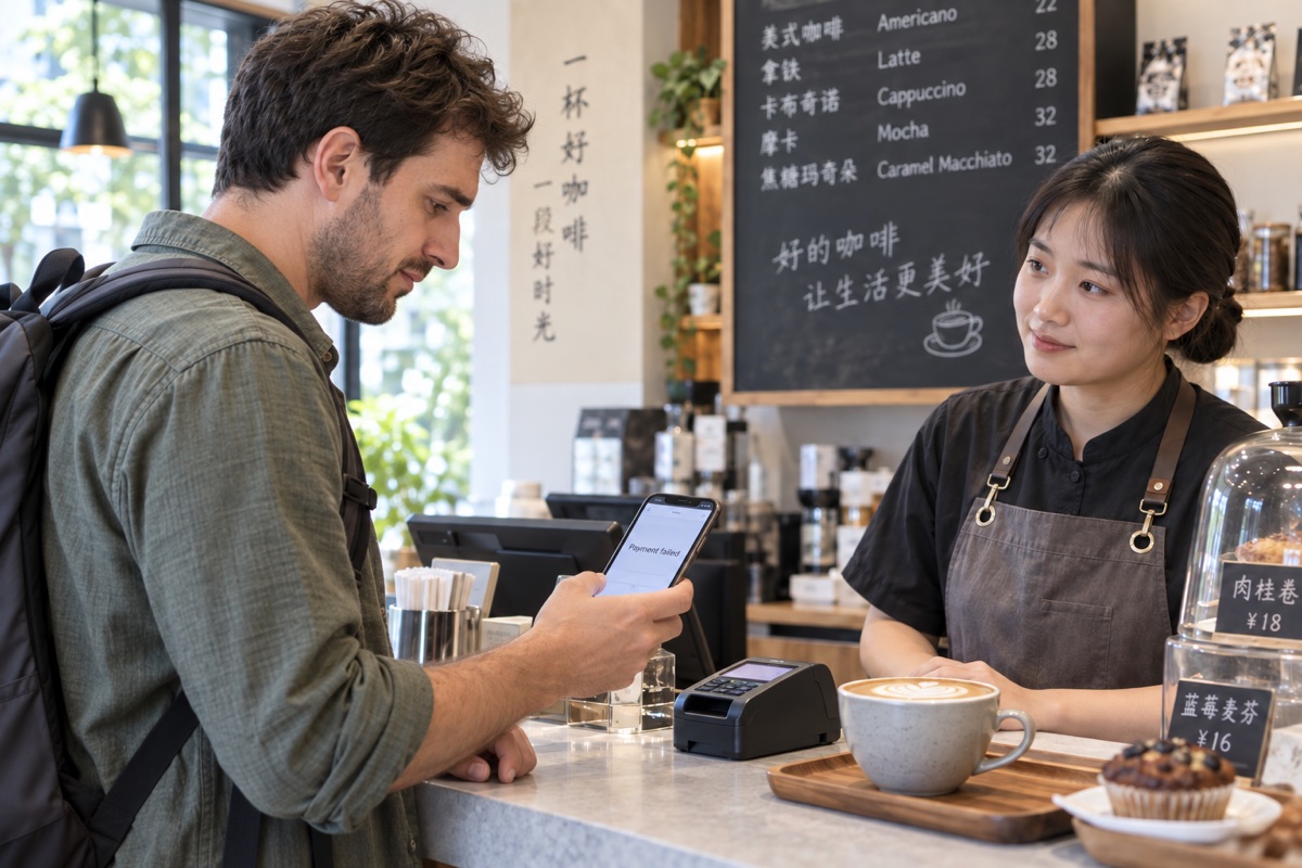 Illustrative scene: a traveler checking a failed payment on his phone while a cashier waits